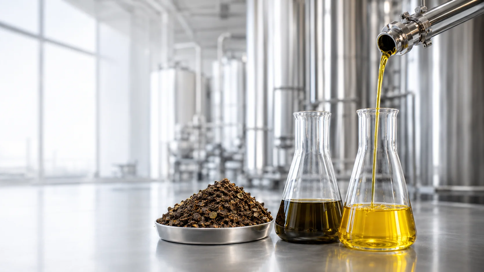 Pomace material and olive pomace oil grades in an industrial processing environment.